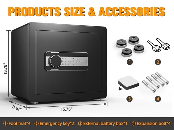 Black safe with measurements and accessories on a white background