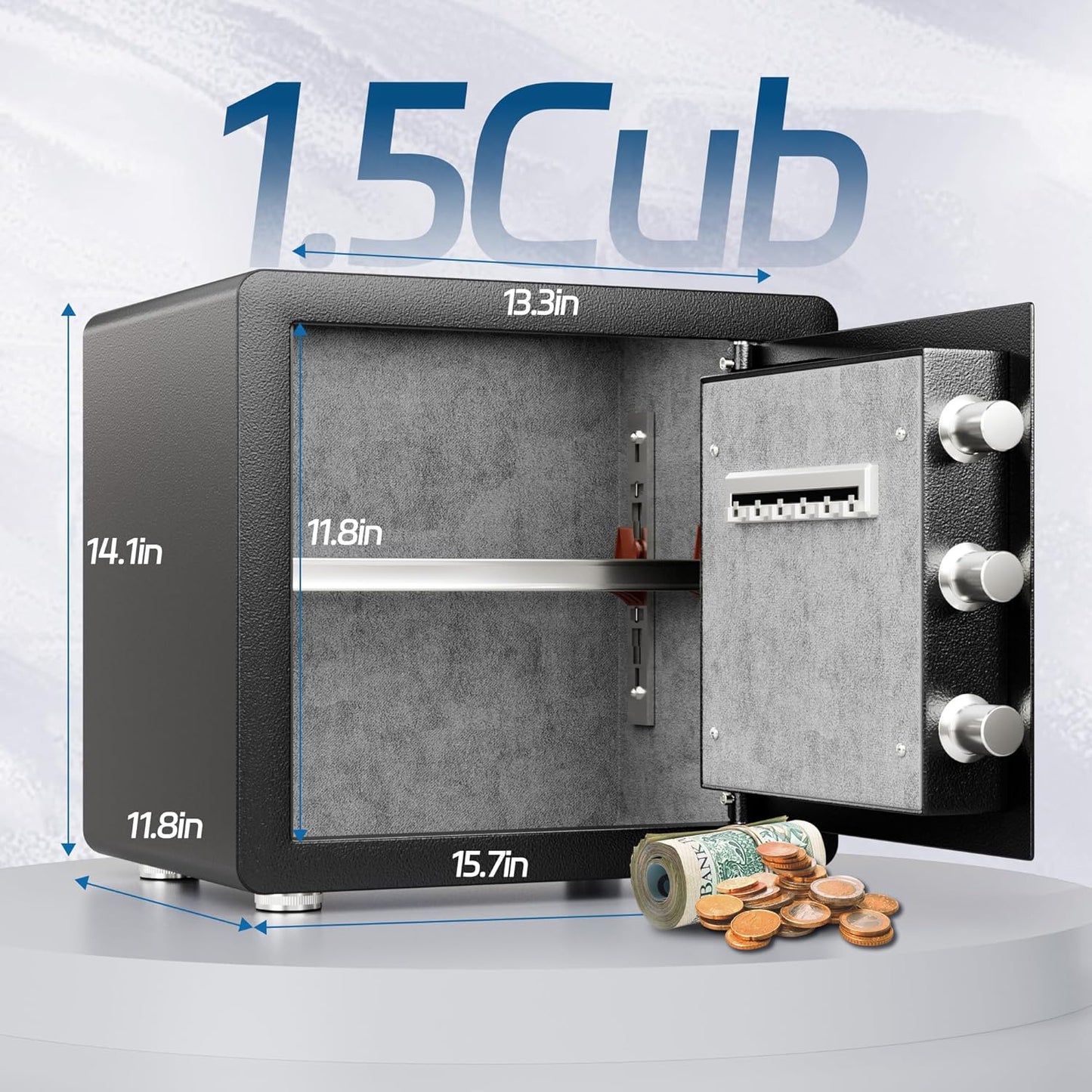 Black safe with open door, showing dimensions and a roll of money on a white background