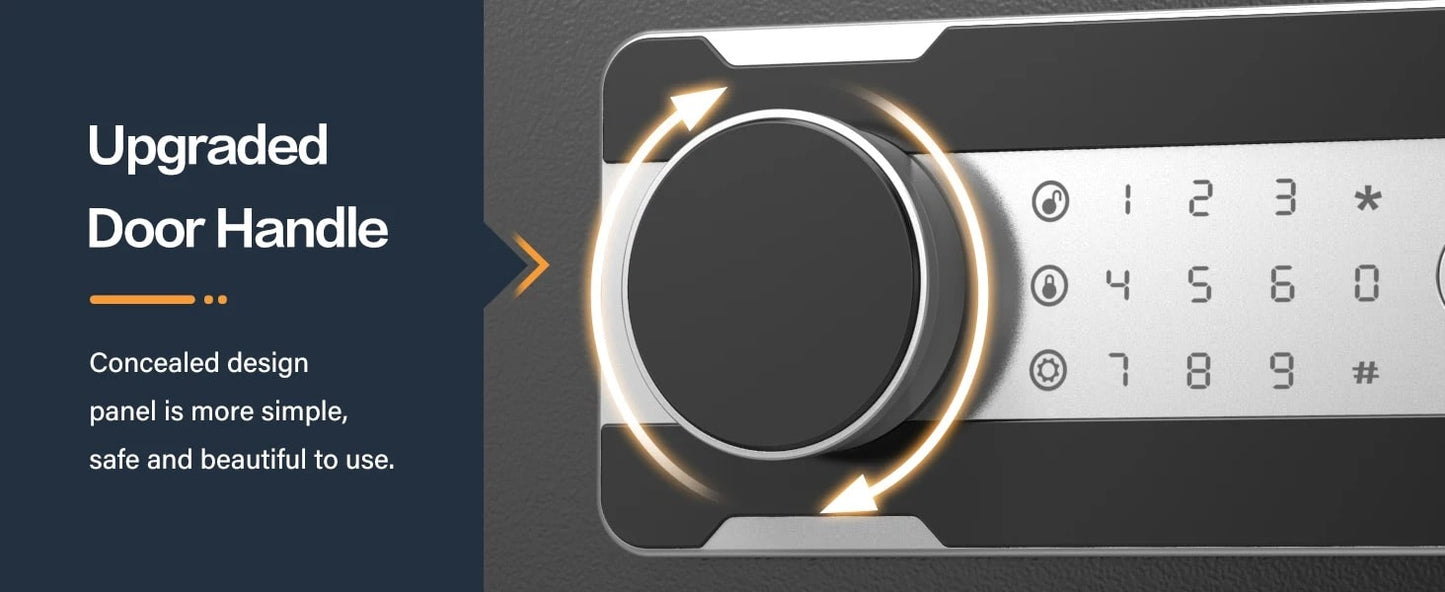 Electronic safe with upgraded door handle and keypad on a dark background