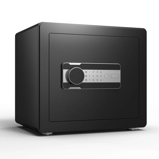 Black electronic safe box on a white background