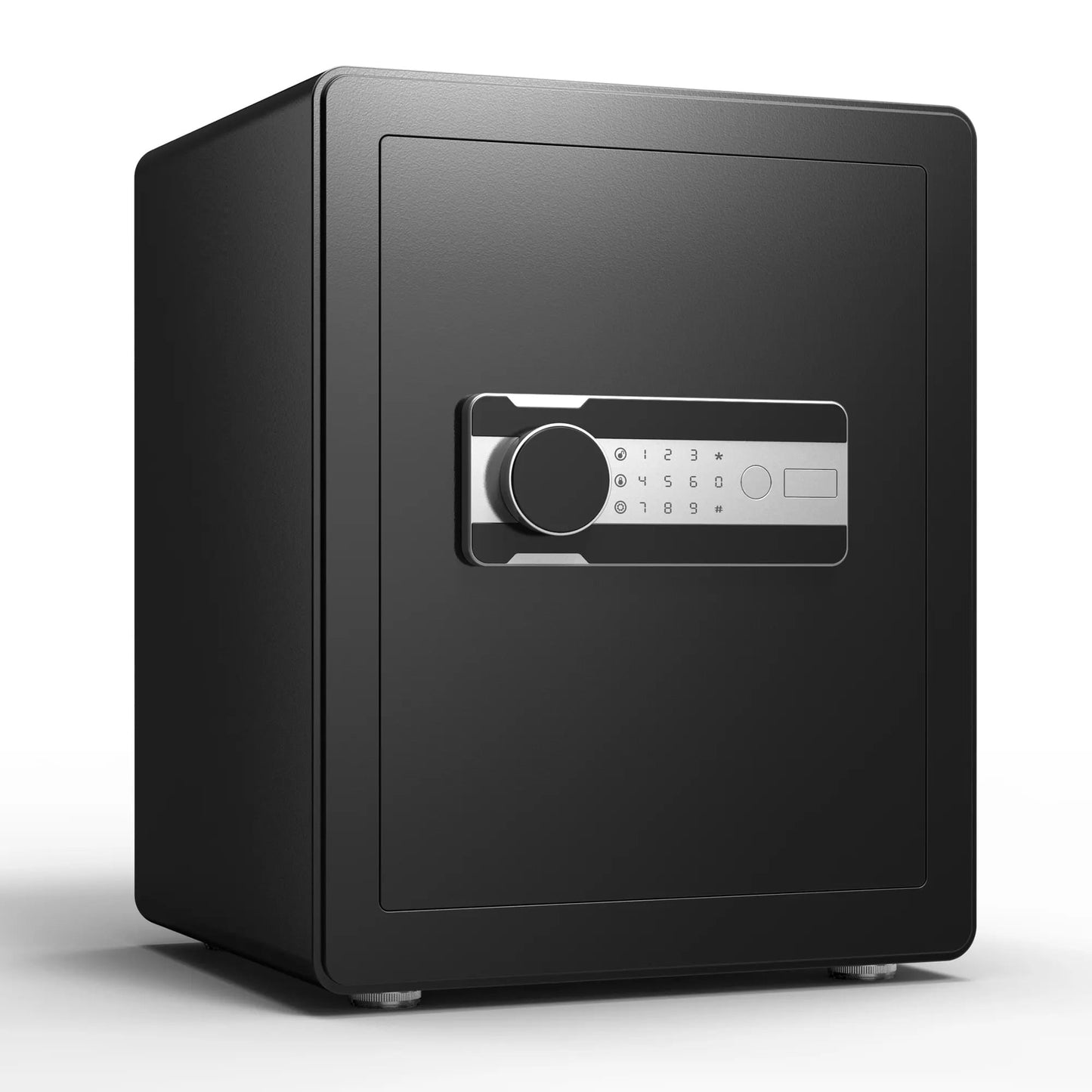 Black safe box with digital keypad on a white background