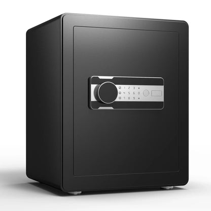 Black safe box with digital keypad on a white background