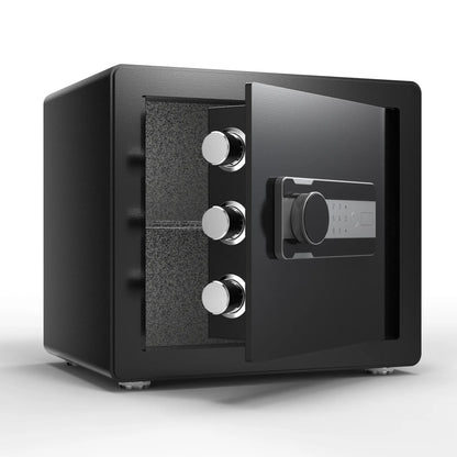 Black safe box with digital keypad on a white background