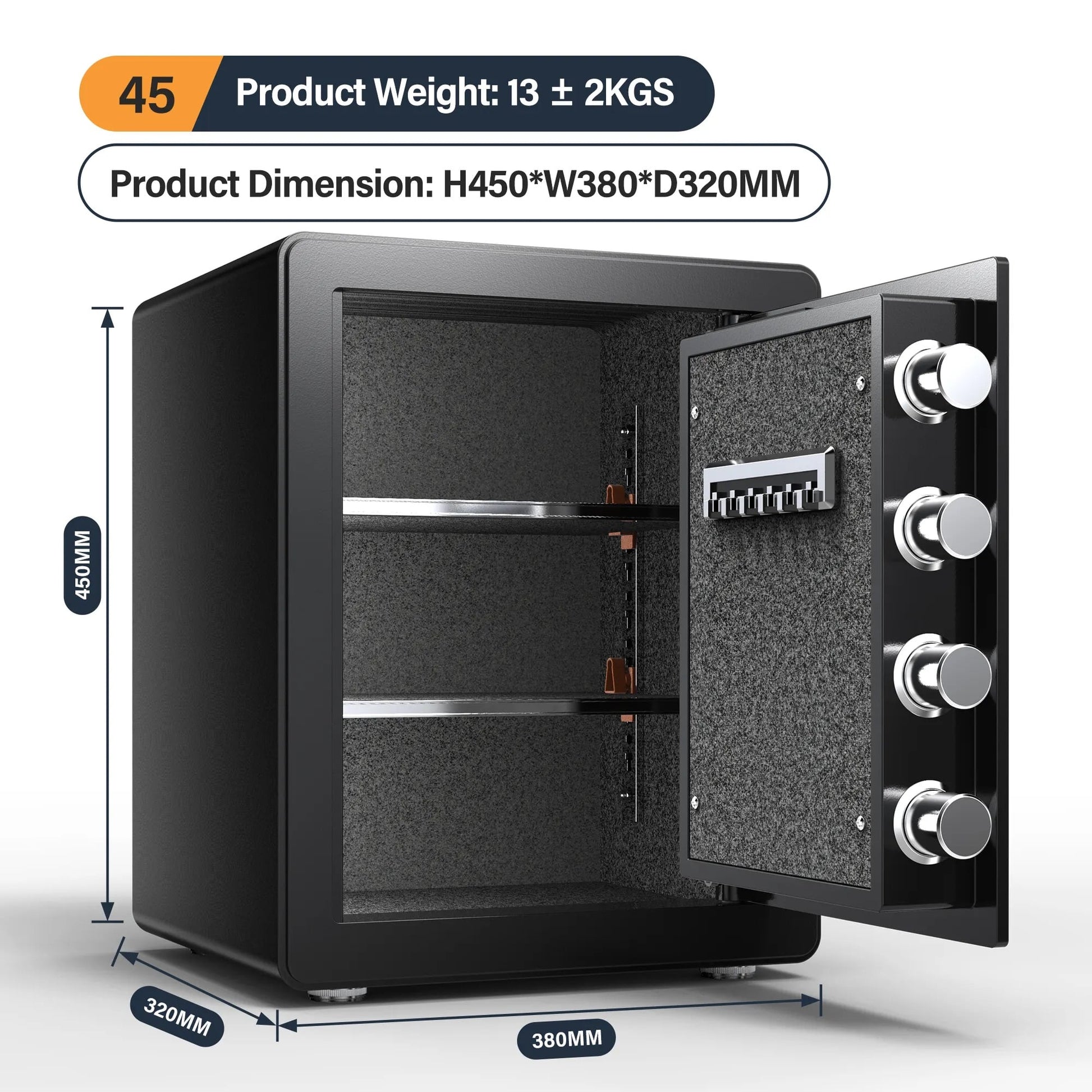 Black safe with open door, showing dimensions and weight on a white background