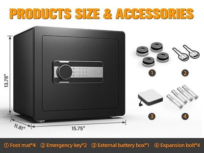 Black safe with measurements and accessories on a white background