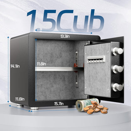 Black safe with open door, showing dimensions and a roll of money on a white background