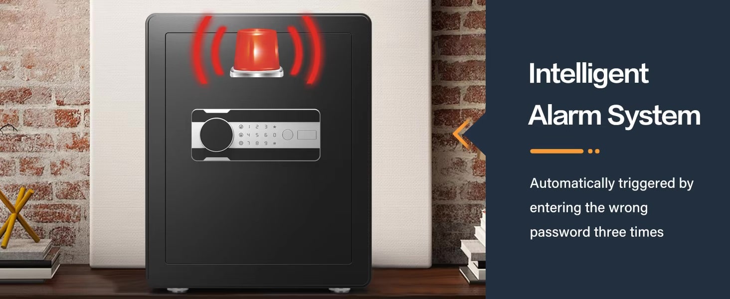 Black alarm system with red alert light on a wooden surface against a brick wall.