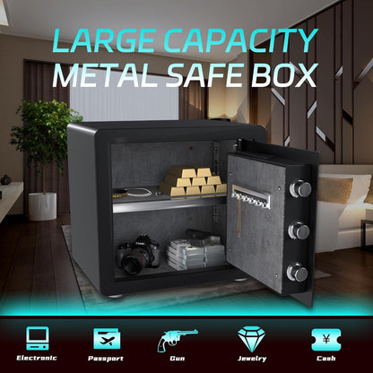 Large capacity metal safe box with items inside, open in a room setting.