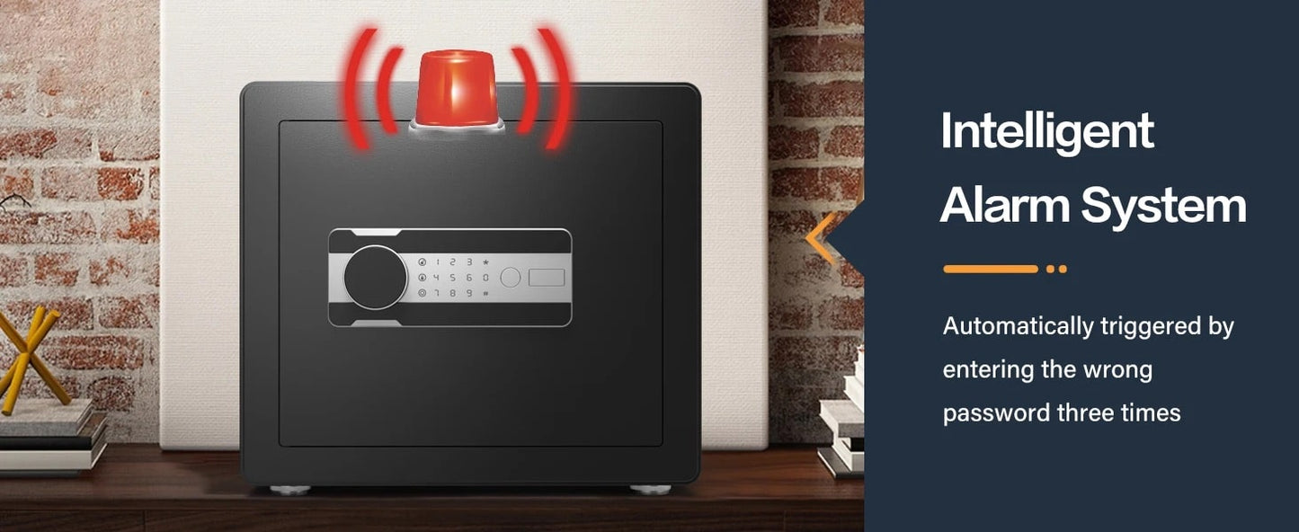 Black safe with red alarm indicator on a wooden surface against a brick wall background