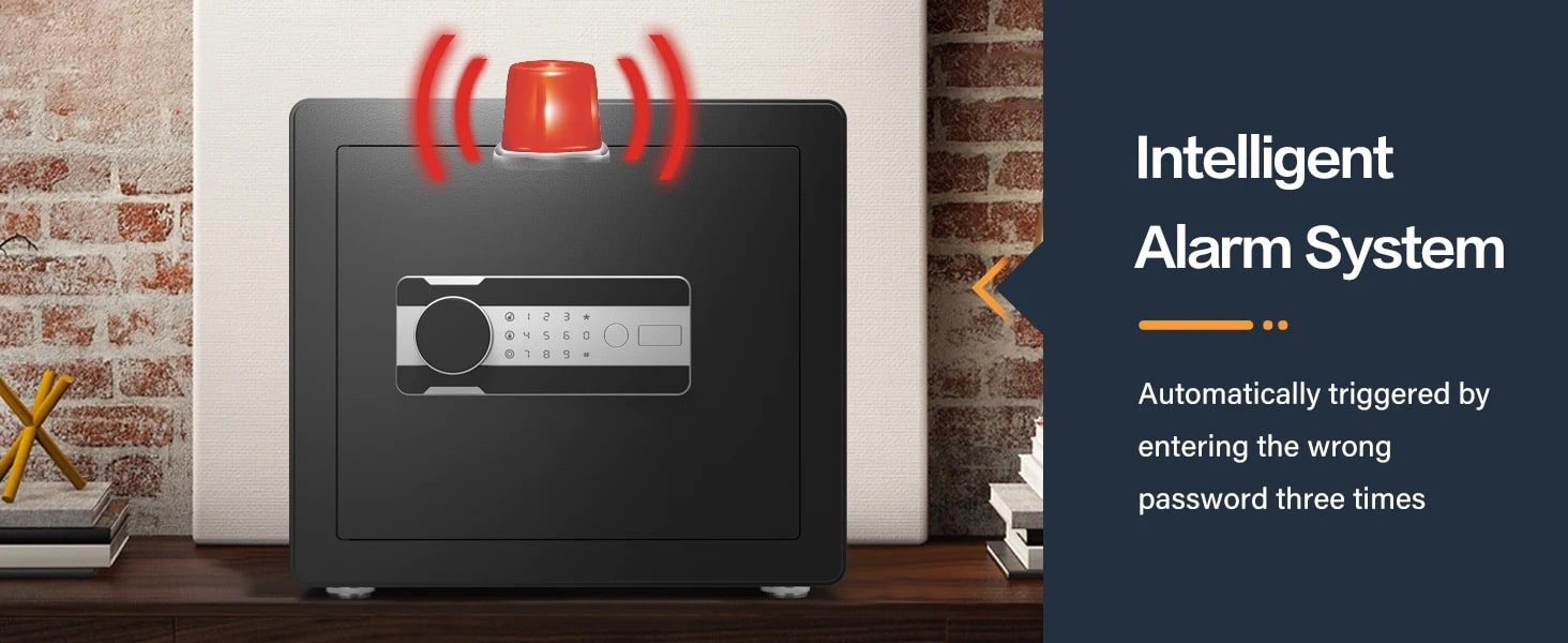 Black safe with red alarm indicator on a wooden surface against a brick wall background