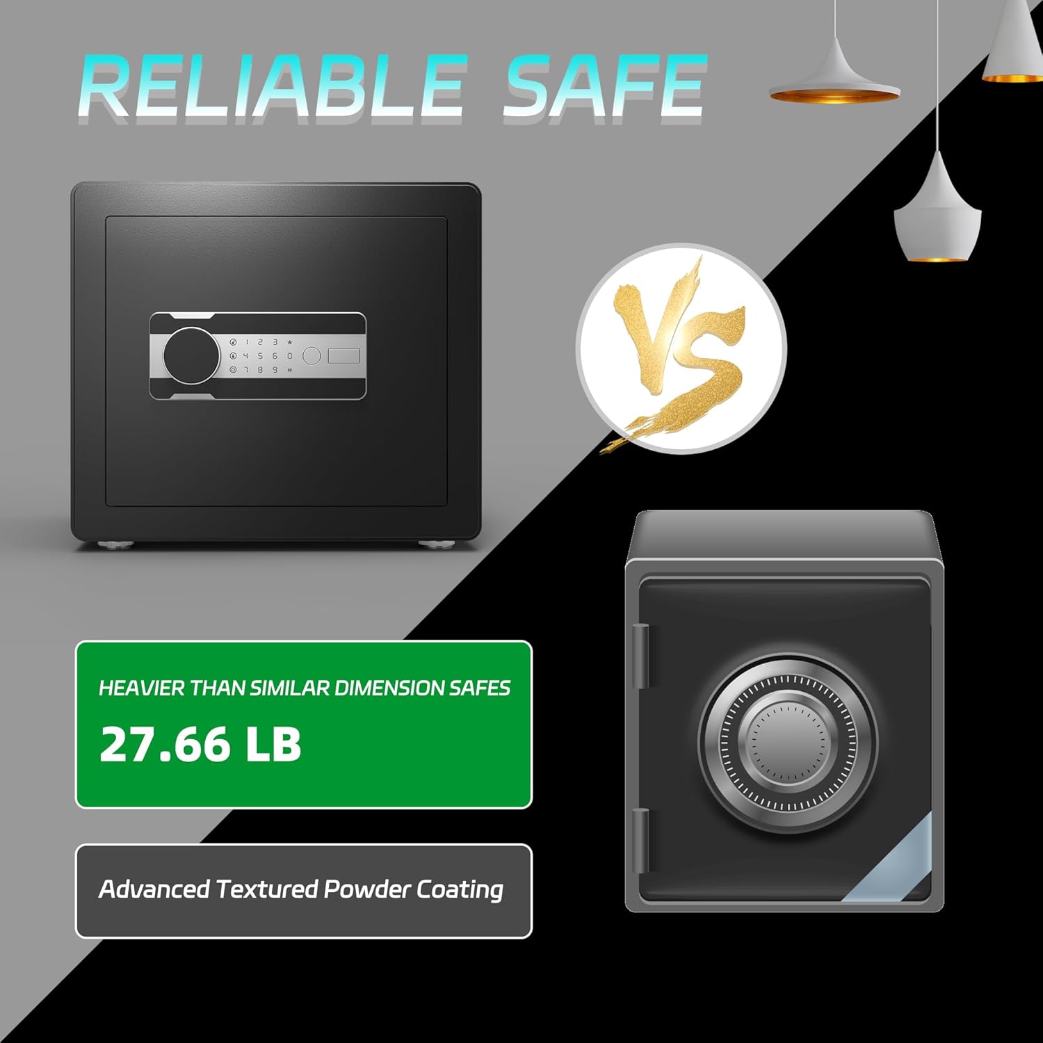 Comparison of two safes with text indicating weight and features.