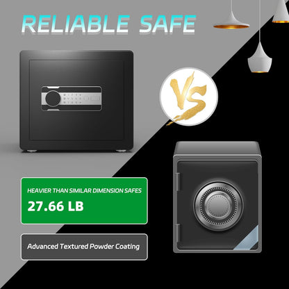 Comparison of two safes with text indicating weight and features.