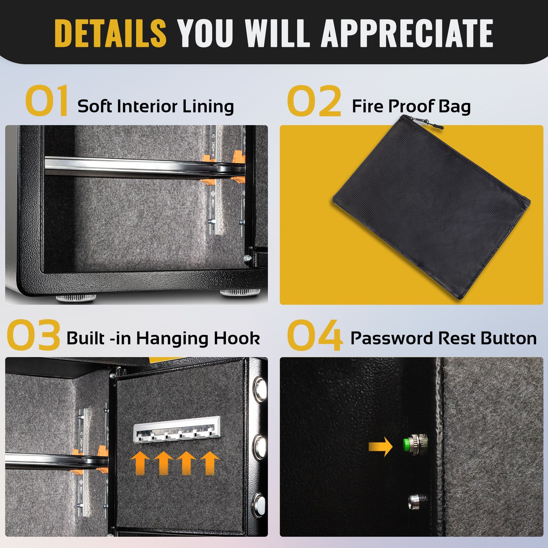 Product features with text overlay on a black background